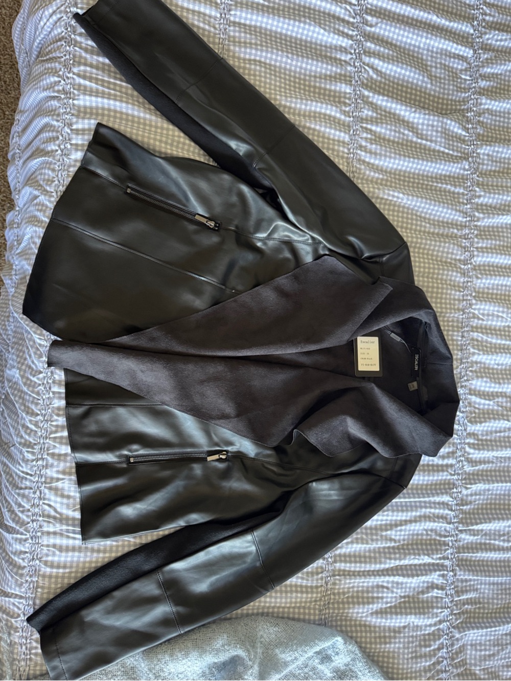 Classic Black Faux Leather Jacket with Draped Suede Collar